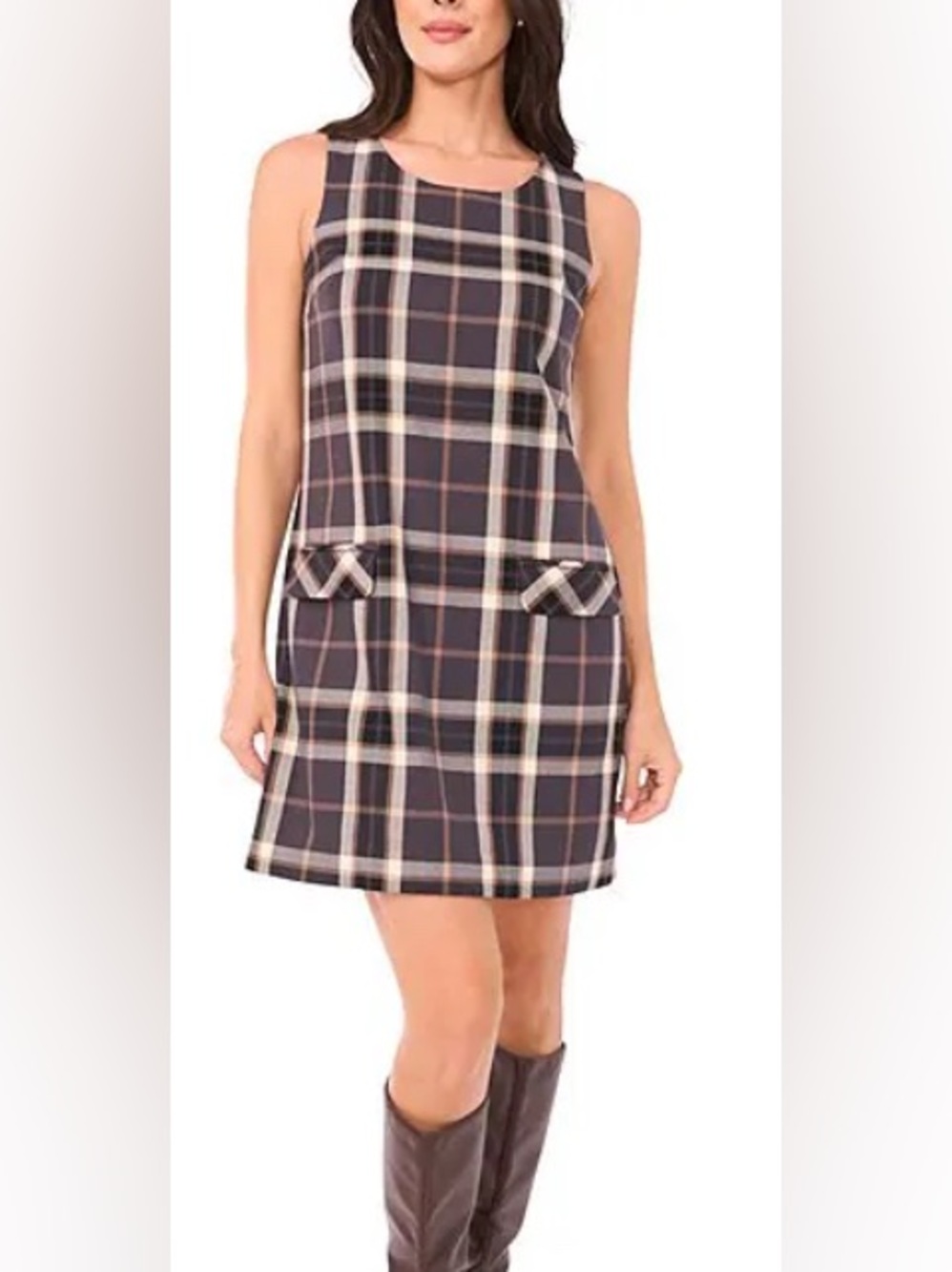 1.STATE Black Multi plaid sleeveless shift mini dress w/ front pockets/Size S